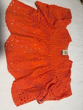 FARM Rio Bright Orange Eyelet Off-Shoulder Top